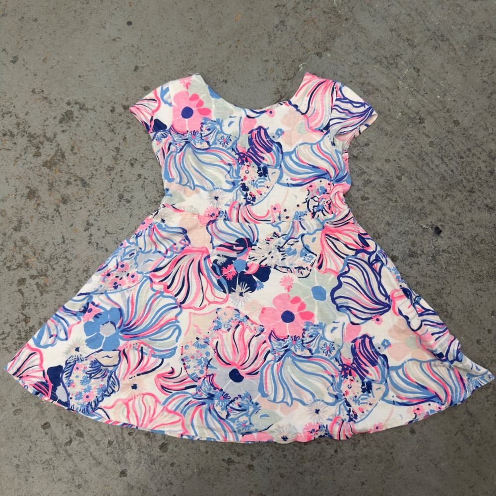 Lilly Pulitzer Girls Pink Blue Shell Floral Cotton Cutout Back Dress 001951 S